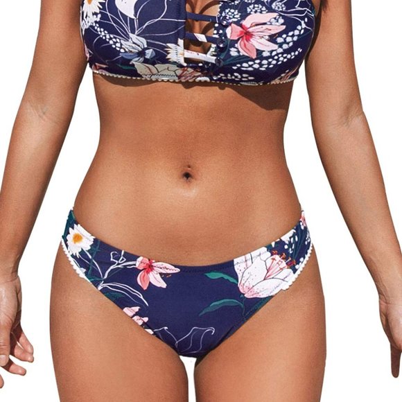 Cupshe Women's Low Rise Navy Floral Print Bikini - Picture 2 of 9